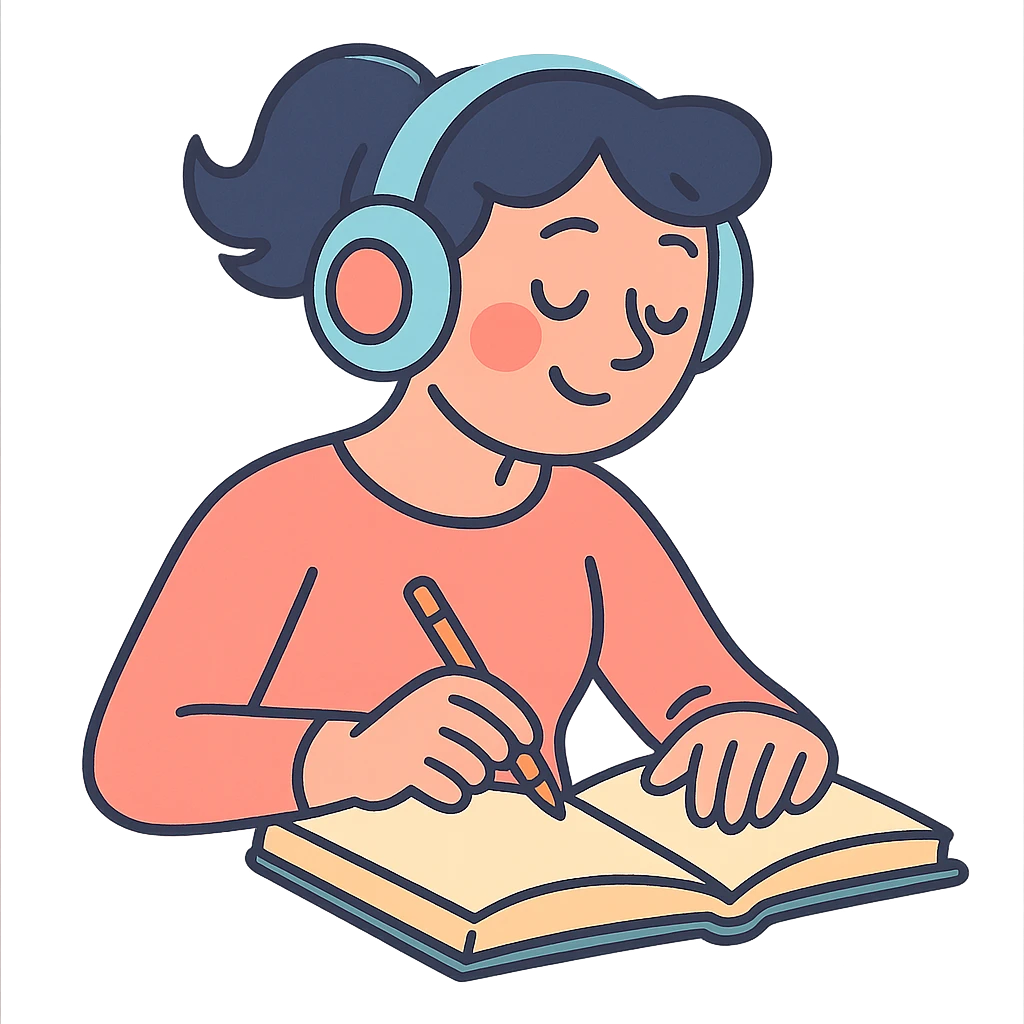 woman with headphones, journaling or reading, pastel toon style emoji