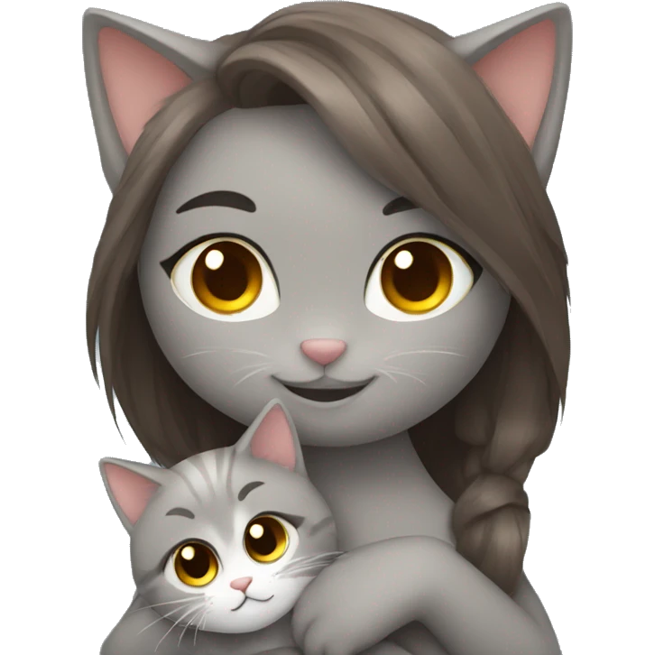 Fluffy grey cat hugging brown hair girl emoji
