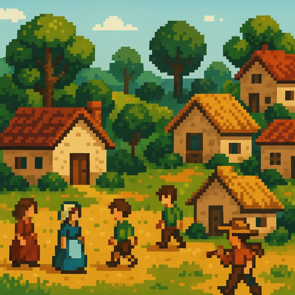 pixel art style scene of village life with small houses, trees, and villagers emoji