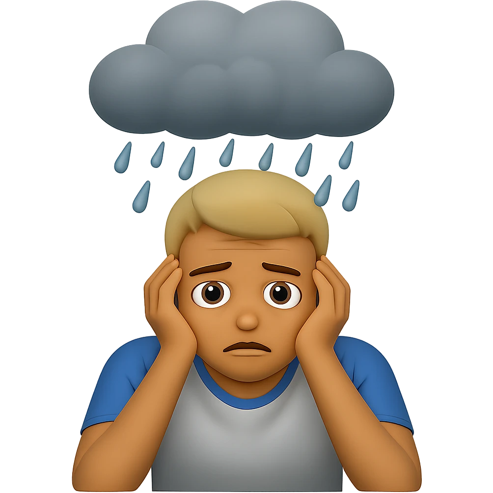 Add a rain cloud above the man. Keep the background transparent. The style should maintain the original look of the image. emoji