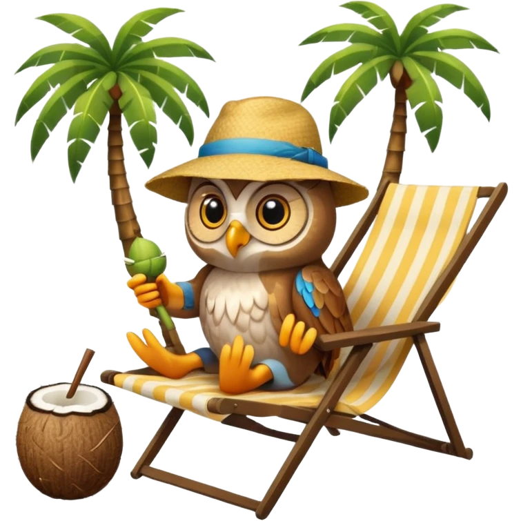 Сова в шезлонге с кокосом, загорает под пальмой, шляпа на голове emoji