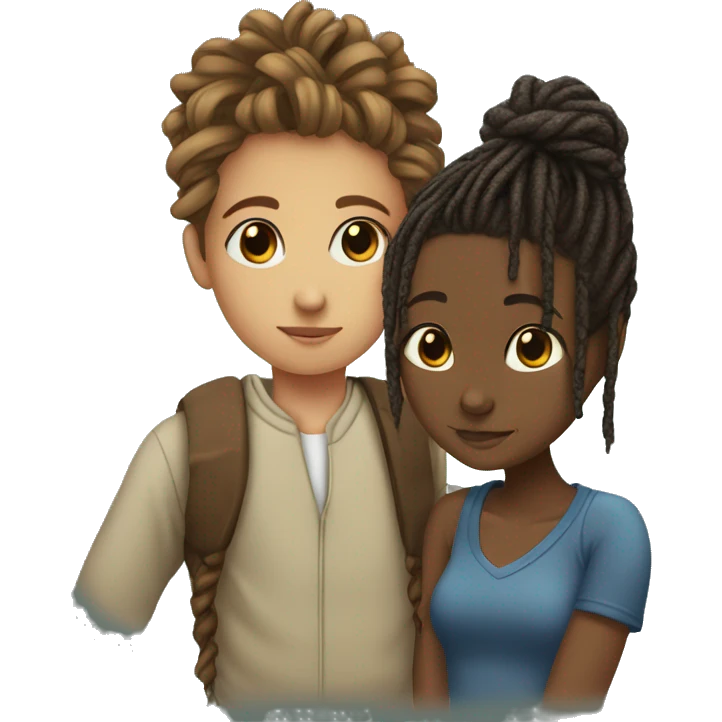 A girl with dreads in a bun kissing a brown skin boy with braids emoji