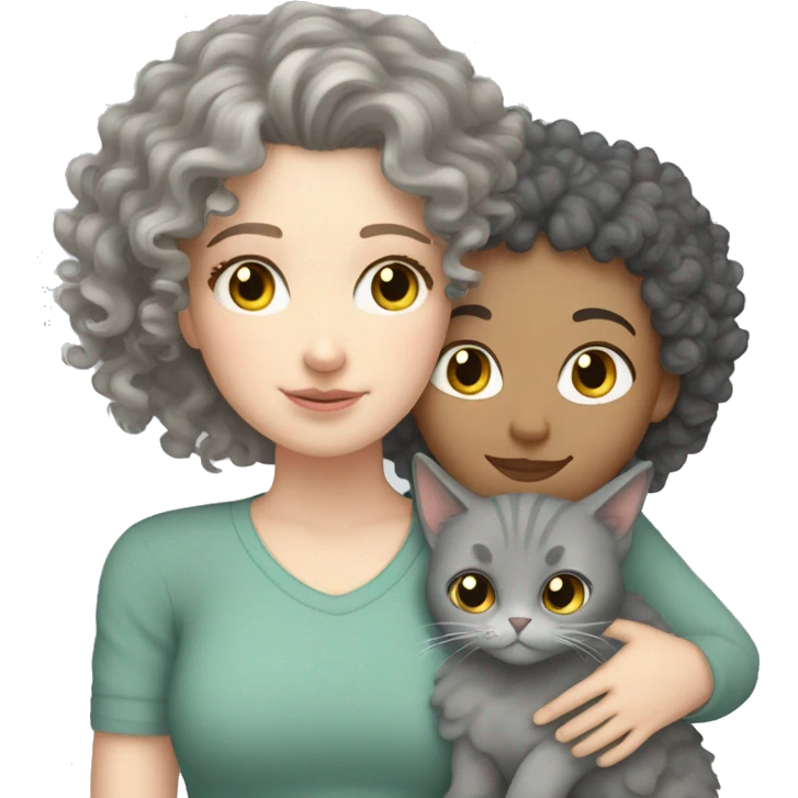 White Girl curly hair cuddling with grey cat emoji