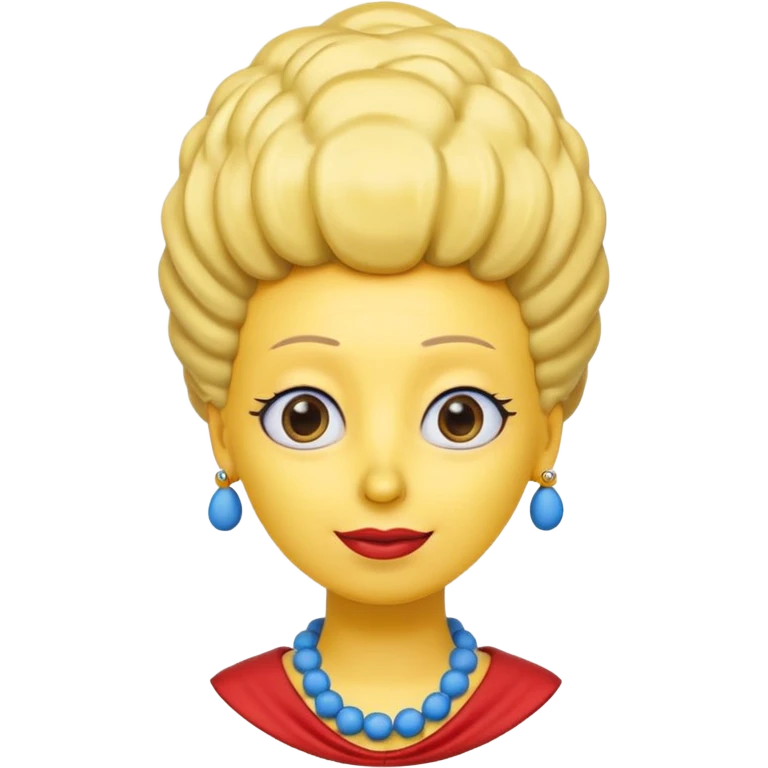 3D emoji head-only, smooth plastic, soft studio light, big round eyes, bold outline, centered, transparent bg,
Marge Simpson, yellow skin, tall cylindrical blue beehive hair, red bead necklace, overbite, no earrings, no eyelashes, no blonde hair emoji