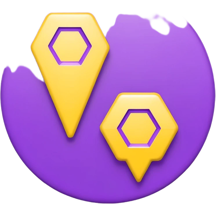 simple, minimalistic yellow (hex#FFD008) and purple (hex#8C52FF) icons of a pin location emoji