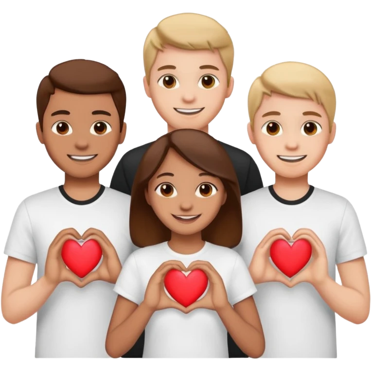 Создай очень счатливых 24 учиников показывающих сердечко в белой рубашке emoji