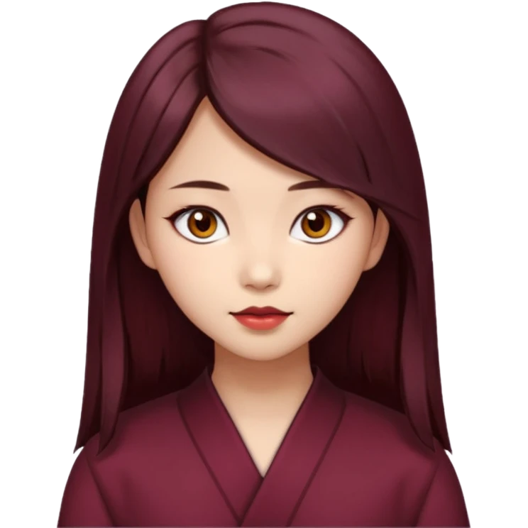 asian girl, long dark burgundy brown hair, hazel brown eyes, half lidded eyes, wolfcut hairstyle emoji