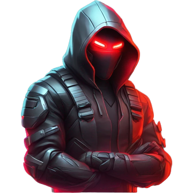developer behind his laptop with this style : crysis Cyberpunk Riot Games Valorant neon glowing bright red character red dark black hooded assassin themed character emoji