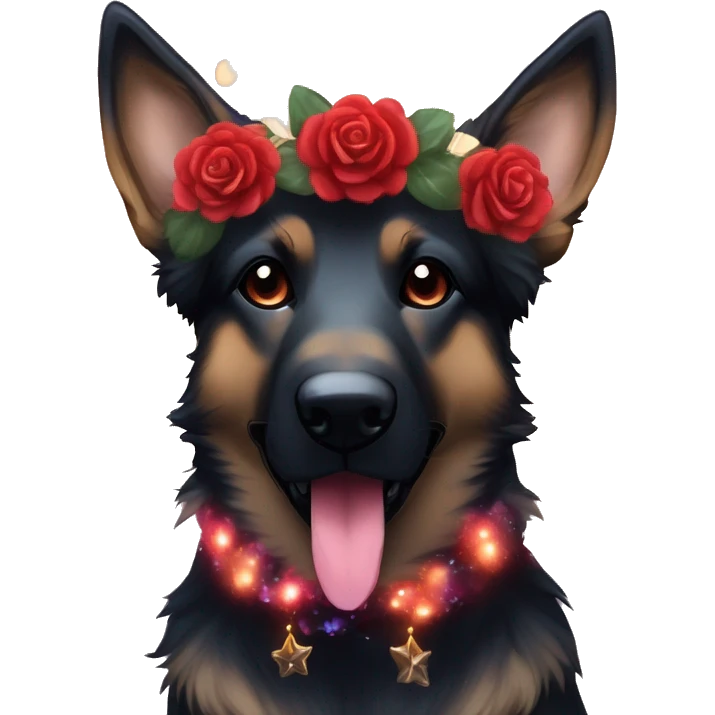 Bokeh Midnight constellation night stars Brindled striped brindle black German shepherd fox carrying glowing red lantern, fairy lights, rose flower crown, bokeh lights, out of focus blur emoji