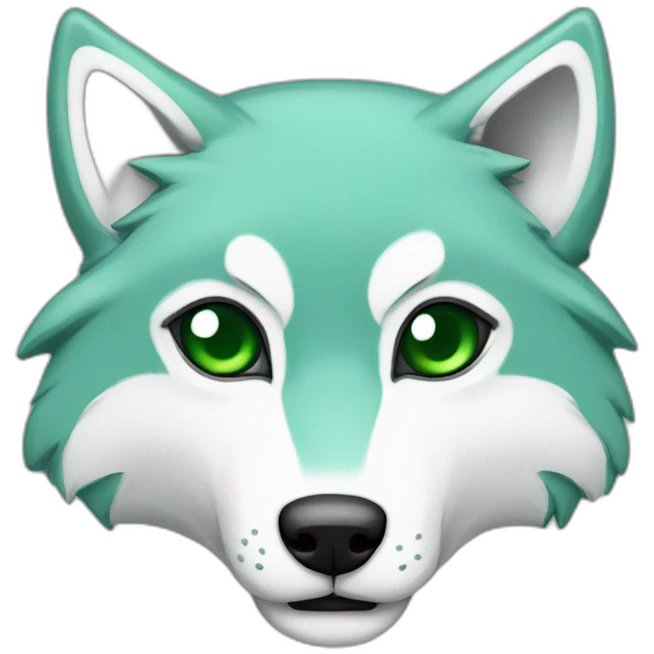 light turquoise and white wolf with dark green eyes and one eye is grey and dead emoji
