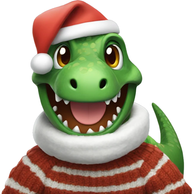 dinosaur with a Santa hat and sweater on smiling  emoji