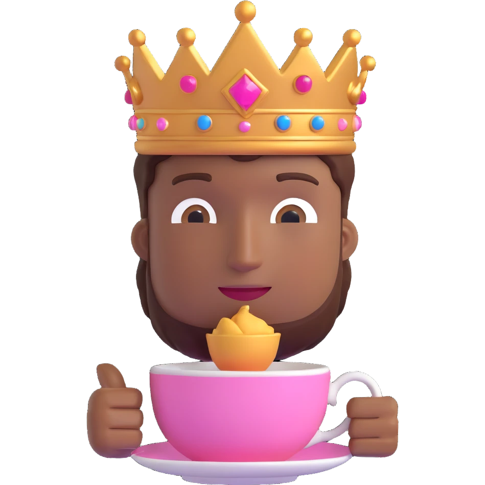 brown skin male emoji, pink crown, sipping from a teacup, peaceful and elegant emoji