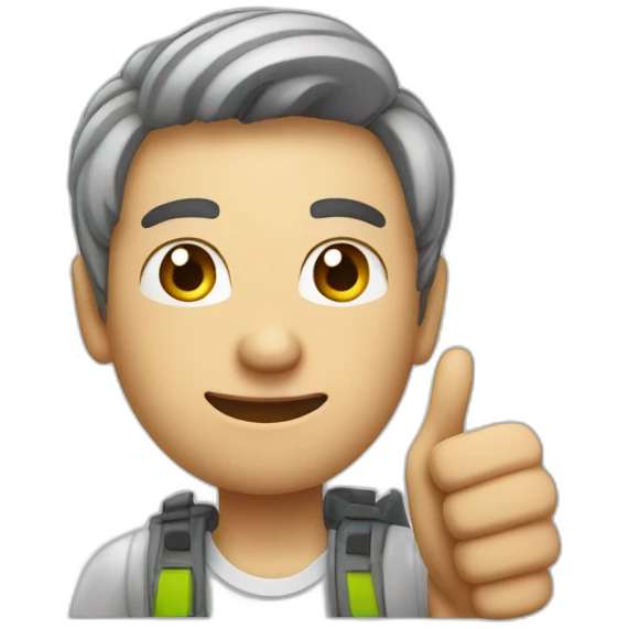 male character with a facial expression that conveys intelligence and technical skills, while making a thumbs-up gesture to indicate approval emoji