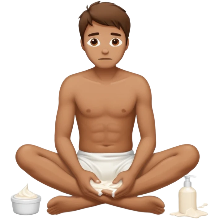 Man sitting on the floor exhausted covered in white lotion emoji