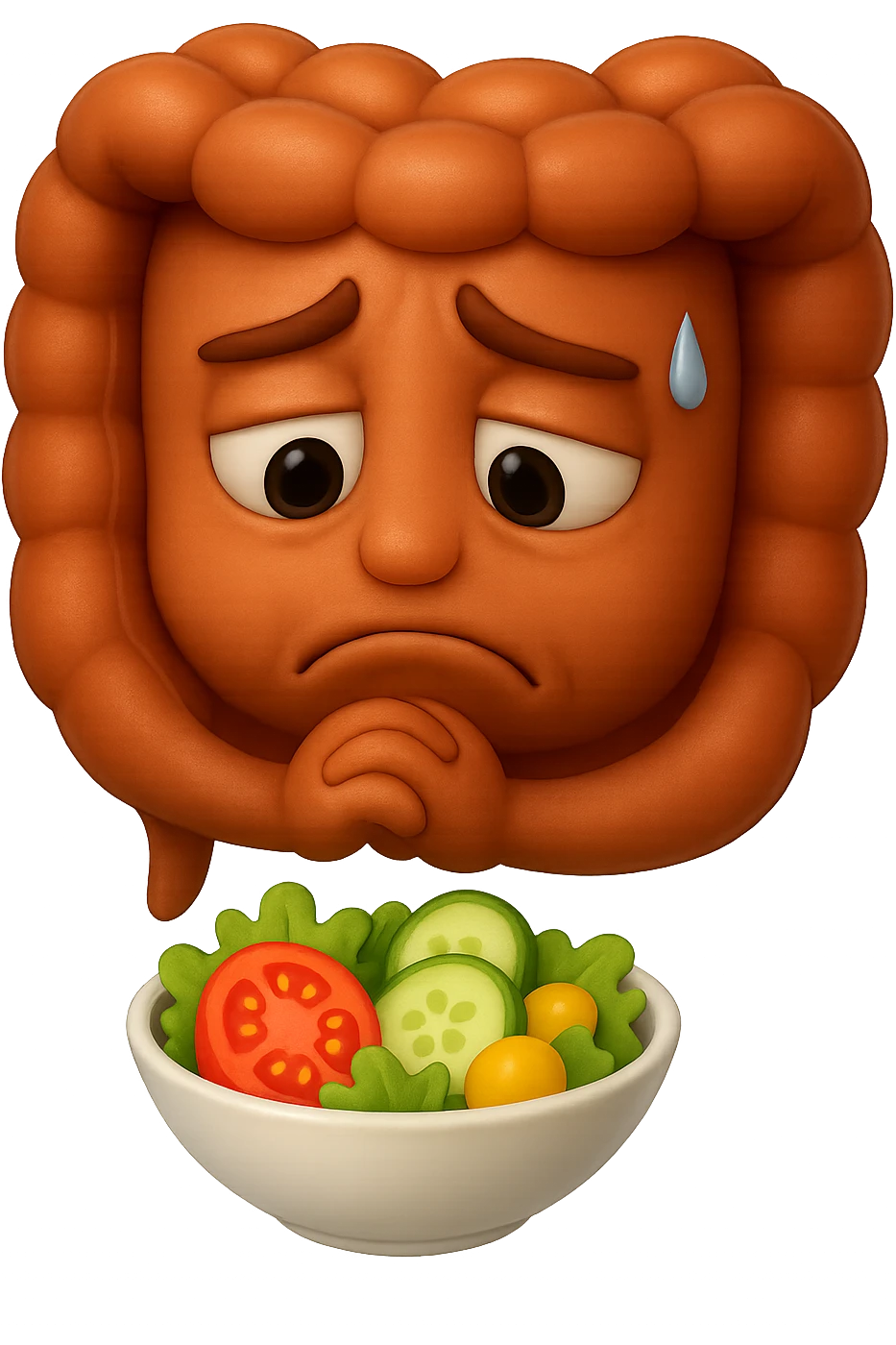 EMOJI STILE IPHONE DI UN INTESTINO UMANO ANATOMICO CHE GUARDA UN INSALATA CON ESPRESSIONE TRISTE E RASSEGNATA IN VOLTO: SOFFRE LA FAME PERCHé è A DIETA, FAGLI ANCHE LA PARTE BIANCA DEGLI OCCHI, NON SOLO LE PUPILLE, IPERREALISTICO 4K emoji