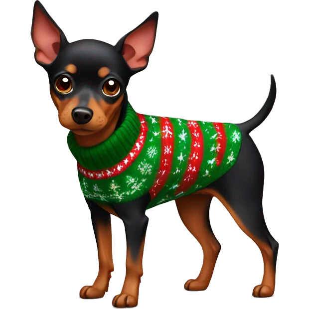 Minuture pinscher wearing a Christmas sweater emoji