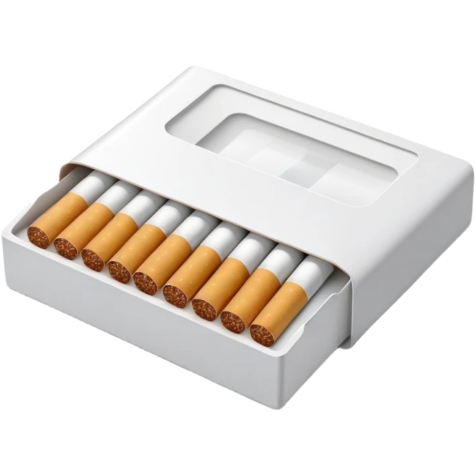 An open cigarette pack with visible cigarettes inside, designed in the style of an Apple iOS emoji. The pack should be clean and minimalistic, with soft gradients, no outlines, and a realistic but friendly look. The cigarettes inside should be neatly arranged and slightly detailed, with white filters and brown tips. The overall illustration should have a soft 3D appearance with gentle shadows and subtle texture. Transparent background. High resolution. PNG format. emoji