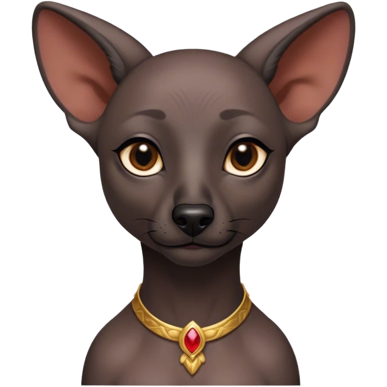 Cinematic Noble Xoloitzcuintle Portrait Emoji, Poised and regal, with a sleek, muscular build and smooth, hairless ebony skin accented by subtle wrinkles, deep-set soulful dark eyes, Simplified yet sharp and sophisticated features, highly detailed, glowing with a soft, dignified glow, high shine, intelligent and loyal, stylized with an air of ancient grace, focused and attentive, soft glowing outline, capturing the essence of a watchful and confident guardian, so majestic it feels as though it could stride out of the screen with effortless authority! emoji