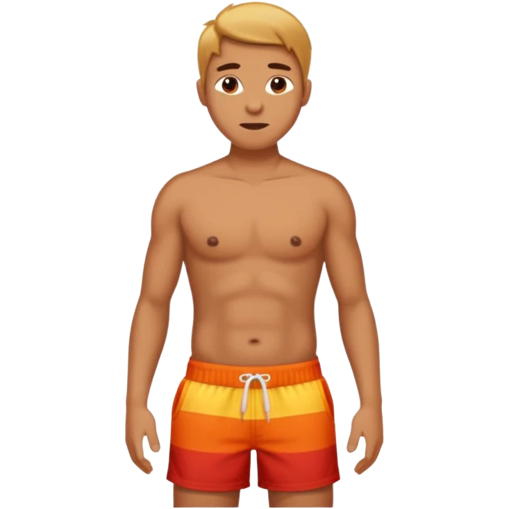 Emoji-style person in beach shorts with sunburned shoulders and chest - the chest and stomach should be white, the rest of the skin should be very red - very sunburned.  emoji