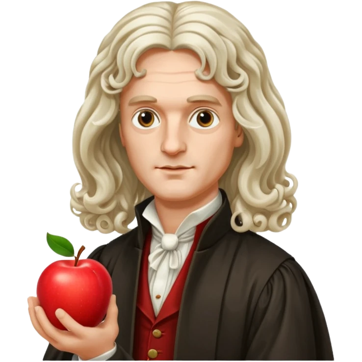 Isaac Newton wearing aristocratic attire with long curled periwig, hold an apple emoji