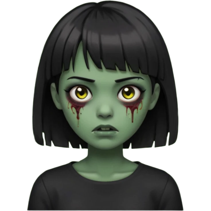 Zombie girl emoji verde escuro com cabelo curto liso preto no ombro e franja na altura da sobrancelha cobrindo completamente a testa, usando uma blusa preta, com olhos pretos  emoji