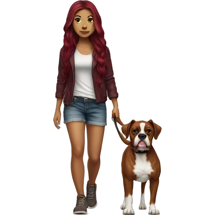 Beautiful tattooed  burgundy long haired woman walking a boxer dog emoji