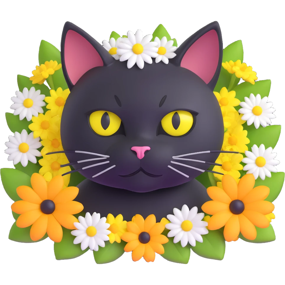 black cat with round yellow eyes, hiding in grass, white flower on head, surrounded by flowers, very three-dimensional, vibrant and playful, 3D iOS 18 style emoji