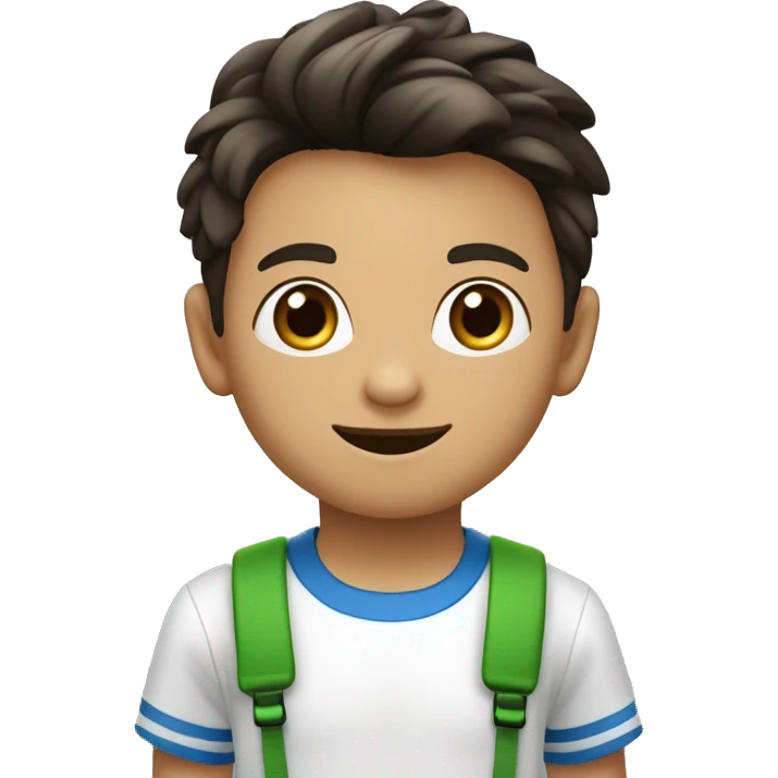 Niño caritaturesco de piel Blanca de cabello cafe despeinado con camisa verde,pantalones negros y tenis azules diciendo hola emoji