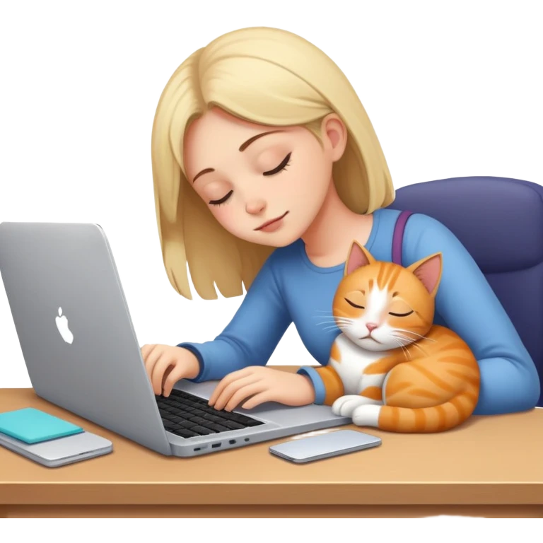 A girl is working hard in front of her laptop, and a cat is sleeping next to it emoji