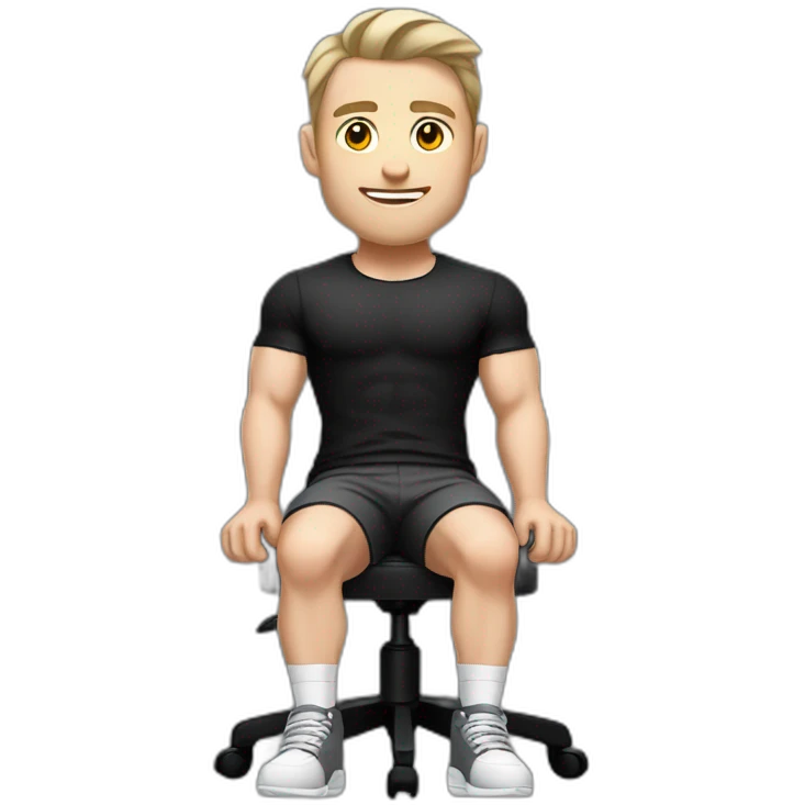 Pale skinned Fit Man With the biceps and dark brown hair in black shirt, gray sports shorts and white Sneakers Sitting on a chair emoji