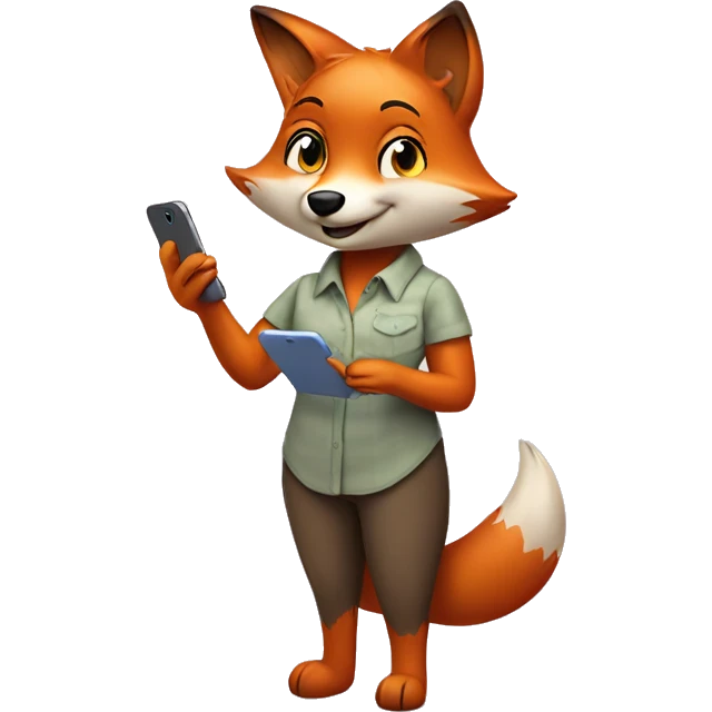 Happy fox (she is a female fox. She is animal) stands in a shirt, and uses her favourite app in the phone. She holds her phone and stares in it. emoji