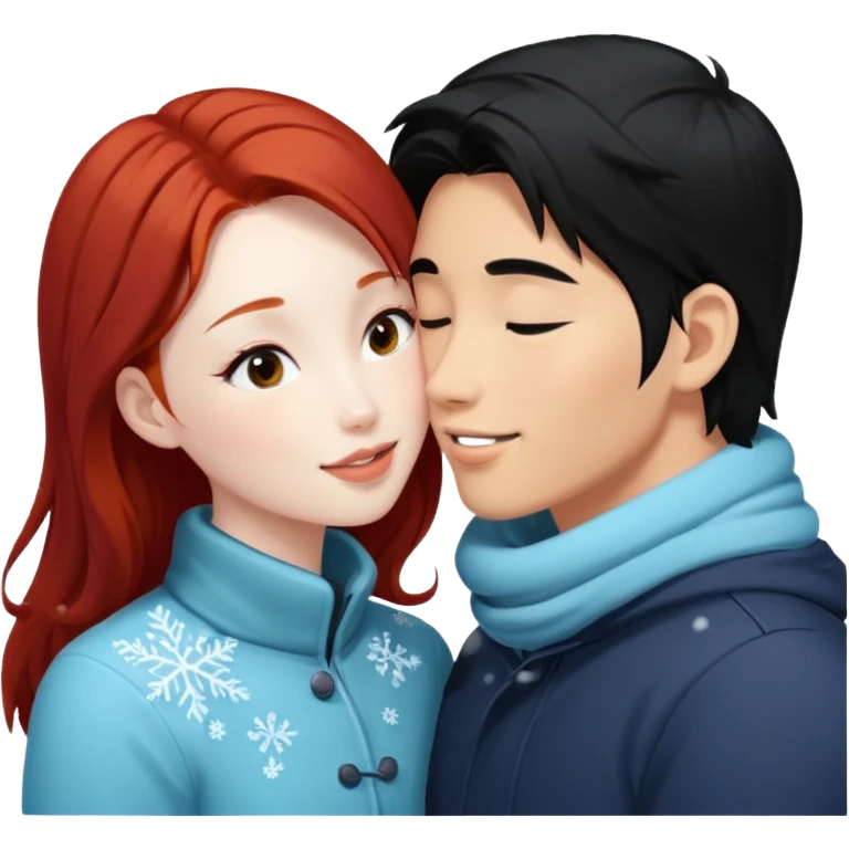 long black haired asian guy kissing redhead girl in snow emoji