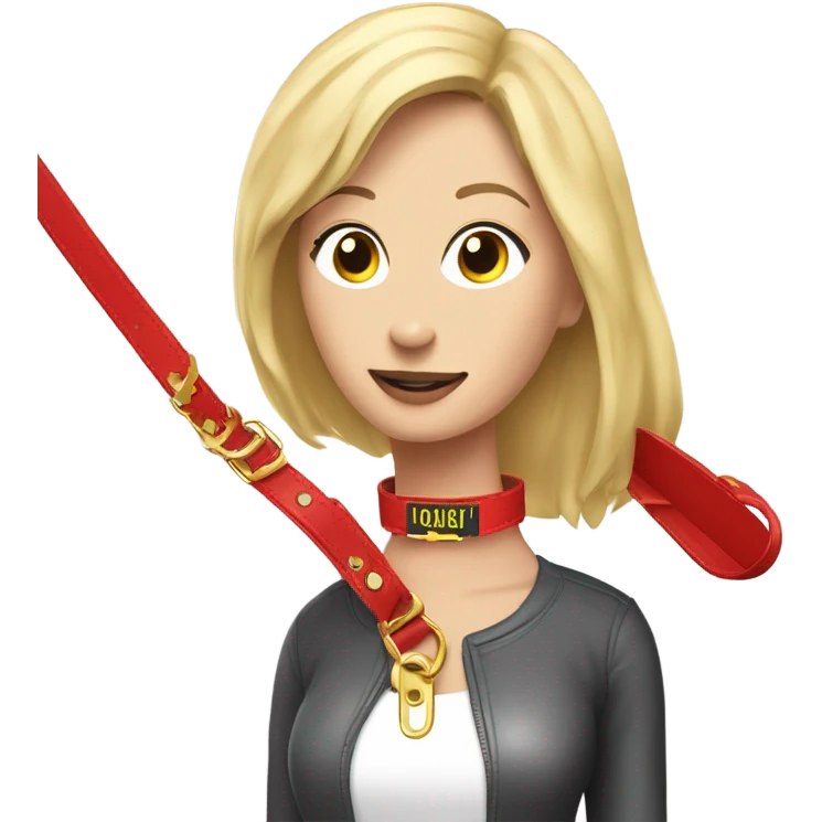 Put a Red leather dog collar and golden tag on a blond white human female with medium length hair and add a red leash connected to the collar emoji