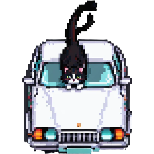 a cat stretching on the hood of a car, pixel art style emoji