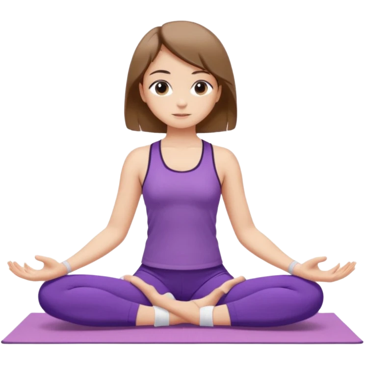 Девушка с короткими волосами до плеч русого цвета, с черными бровями, карие глаза, у неё фиолетовый спортивный костюм с топиком и шортами и белые носки, она занимается йогой в позе бибаласана (поза кошки) emoji
