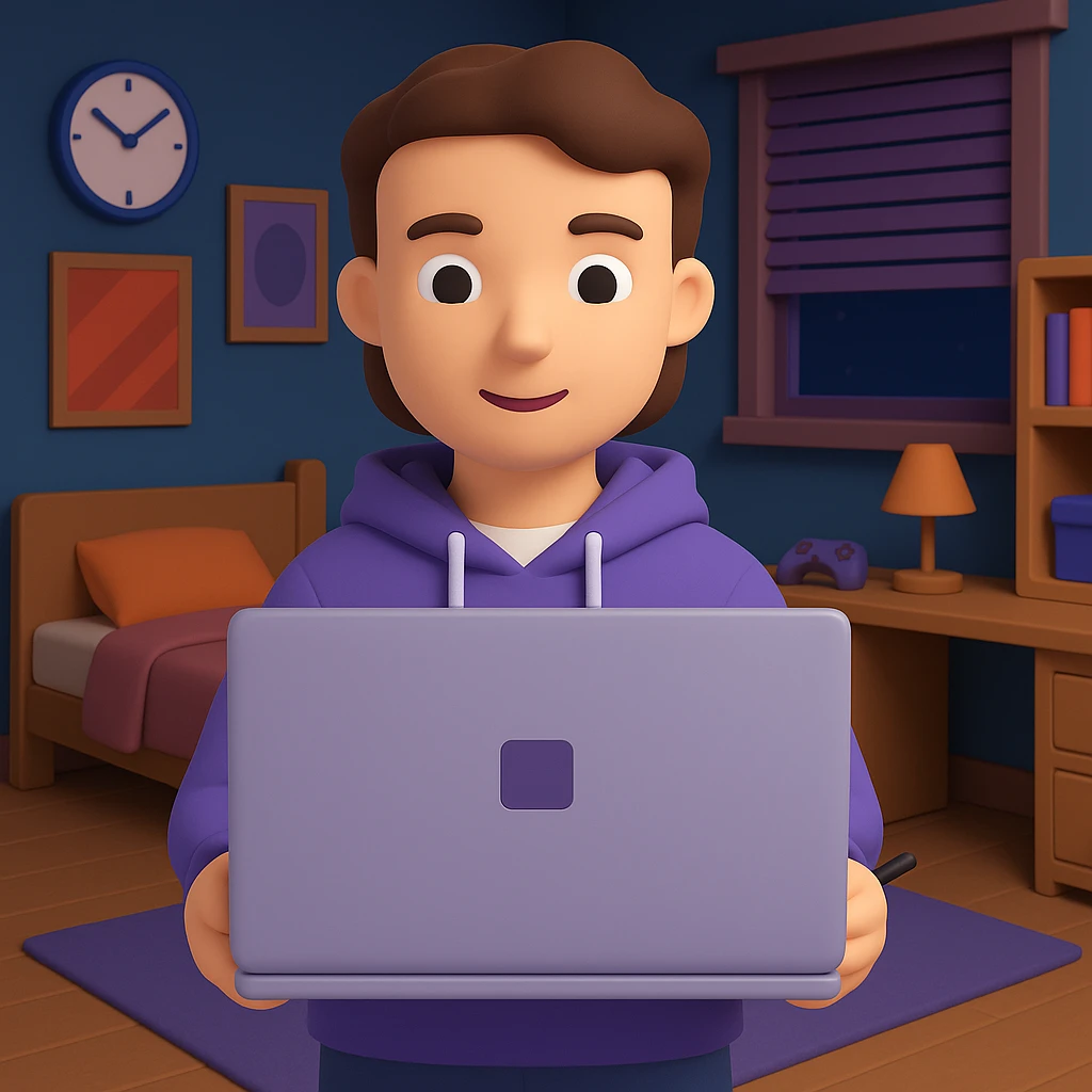Add a modern teenager's room background, keep the 3D Emoji style emoji