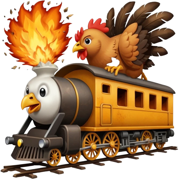 Chicken eating a train while exploding emoji