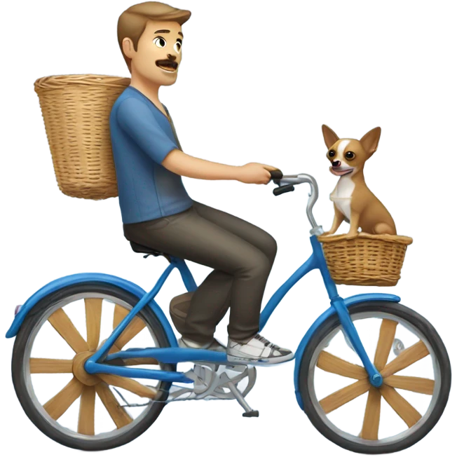 Man on blue bicycle with a baskey on back and a small chihuahua in basket emoji