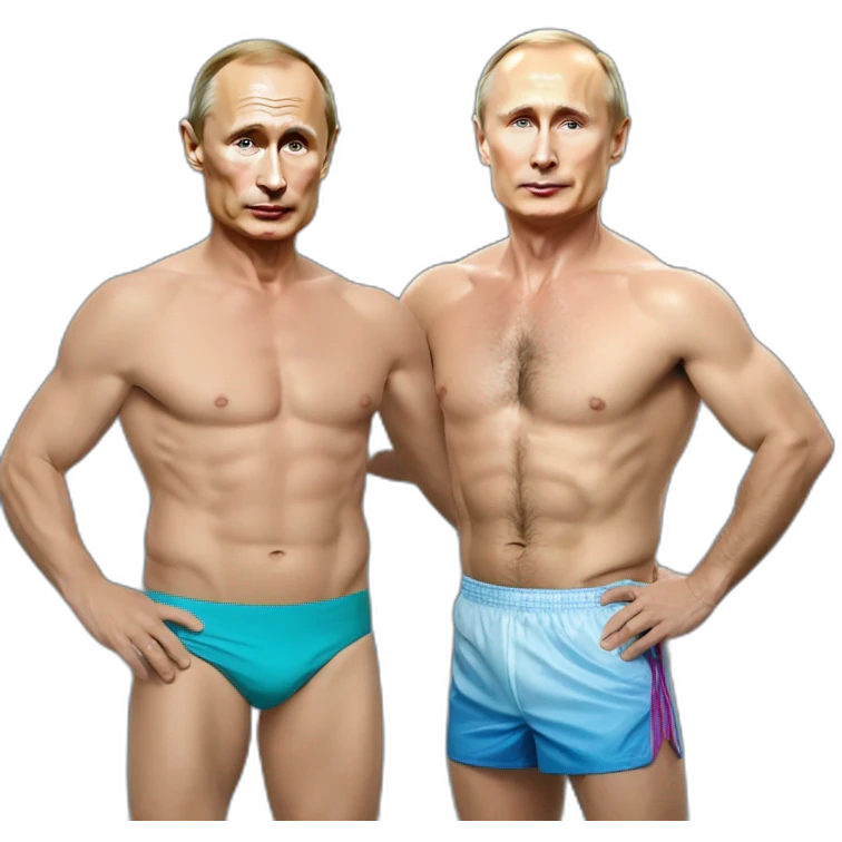 vladimir putin and éric zémour wearing a swimming trunk hyperrealistic emoji