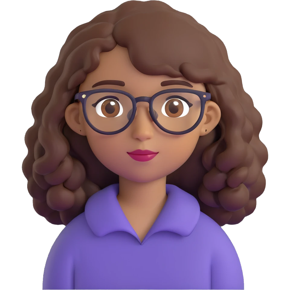 brown girl with wavy hair and brown eyes, with glasses emoji