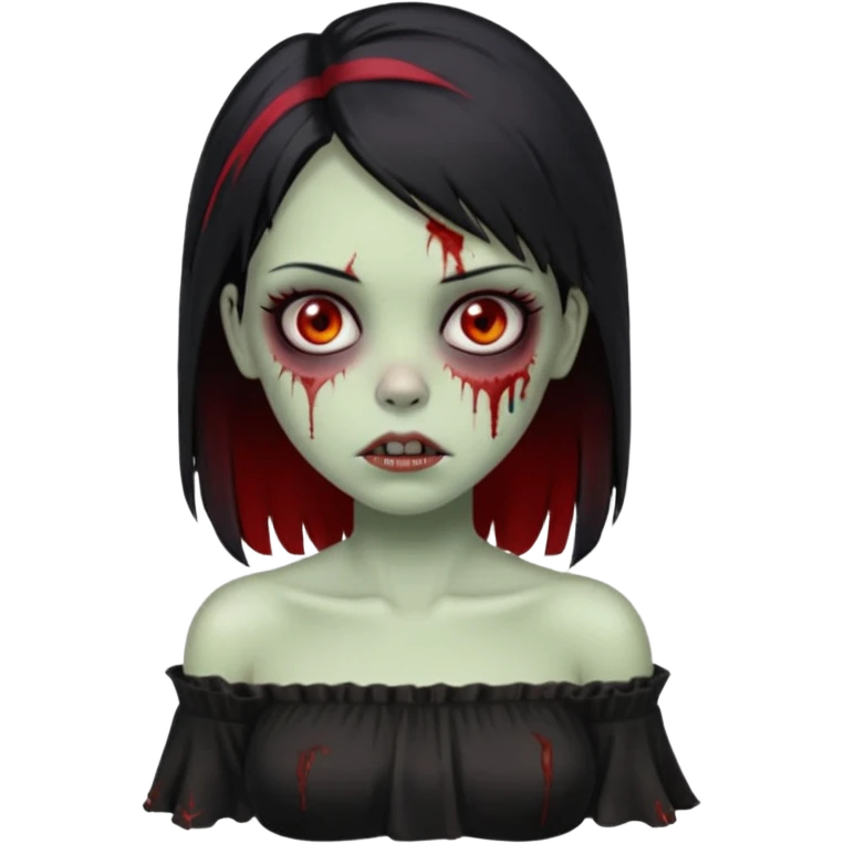 Garota zumbi com cabelo liso e mechas vermelhas na lateral da cabeça dos dois lados, usando uma blusa com manga caida preta emoji