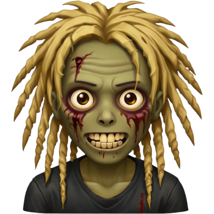 zombie with brown skin, messy gold dreads hair, wide centered brown eyes, dark bloody marks under the eyes, and a smile showing shiny metal teeth,black shirt, giving a distressed, undead look. emoji