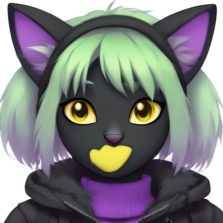 Gorgeous furry dark techwear style anthro black cat furry sona Fakemon face yellow-green eyes with ponytail, aesthetic and pretty edgy black with violet collar and harness trending style emoji