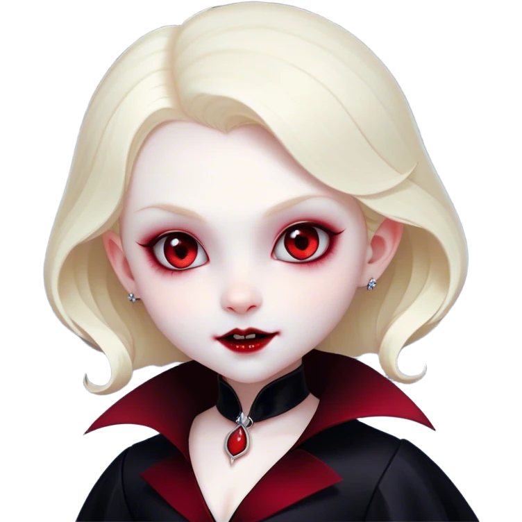 Cinematic Cute Vampire Portrait Emoji, with a refined yet playful small, rounded pale face accented by tiny, cute fangs and bright, twinkling eyes, sporting miniature elegant dark attire with a hint of crimson, simplified yet irresistibly charming, highly detailed with a soft glowing outline that captures the delightful duality of spooky sweetness and stylish allure! emoji