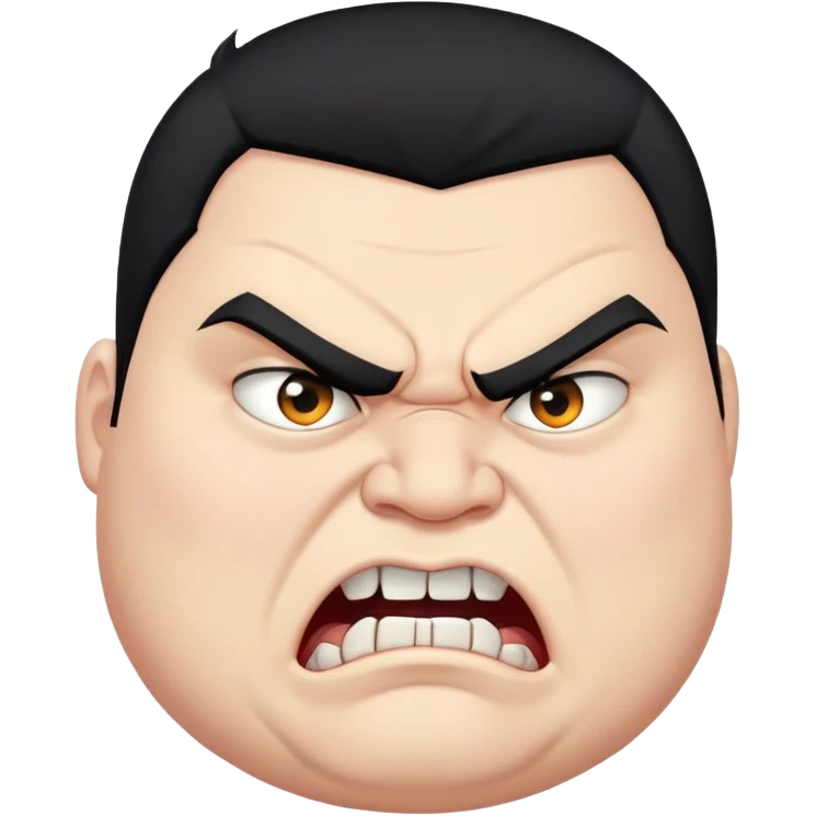 chubby young angry man in profile view with black hair, sharp fangs, crossed eyes emoji