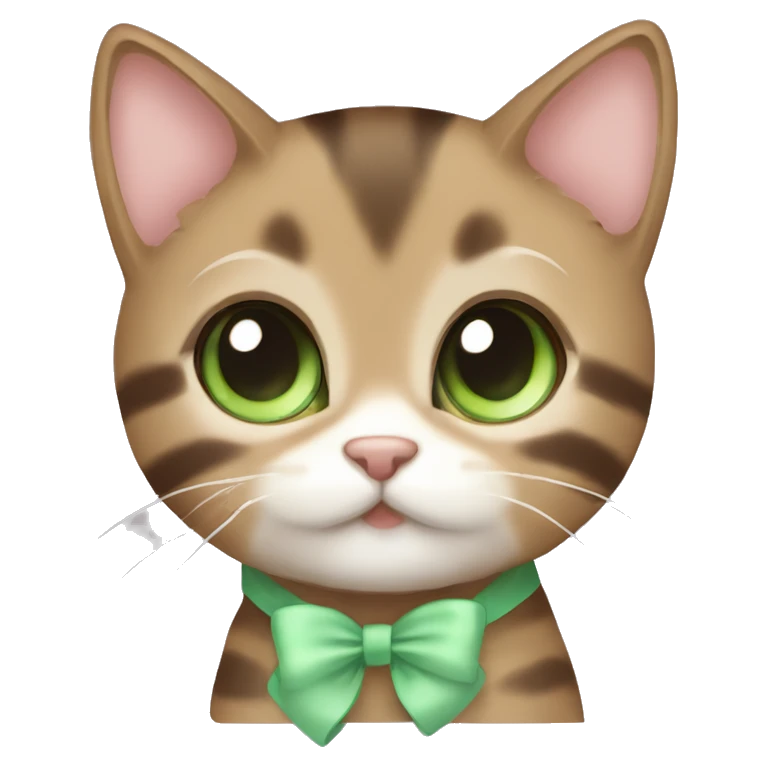 kawaii brown tabby kitten with green eyes and pastel green bow emoji