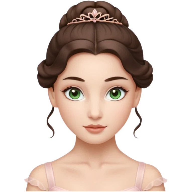 Cinema Realistic Ballerina Portrait, with porcelain-like skin featuring a natural rosy flush, illuminated by soft lighting that highlights the gentle contours of her face. Her Brunette hair flows in soft.Her deep green light eyes radiate framed by arched brows and long lashes. emoji