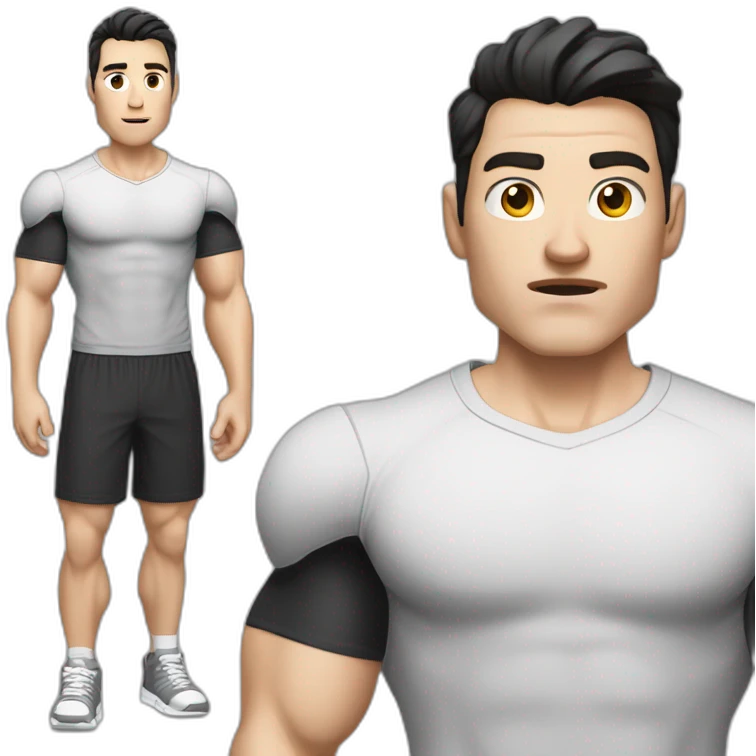 Confused Pale skinned Fit Man With the biceps and dark brown hair in black shirt, gray sports shorts and white Sneakers emoji