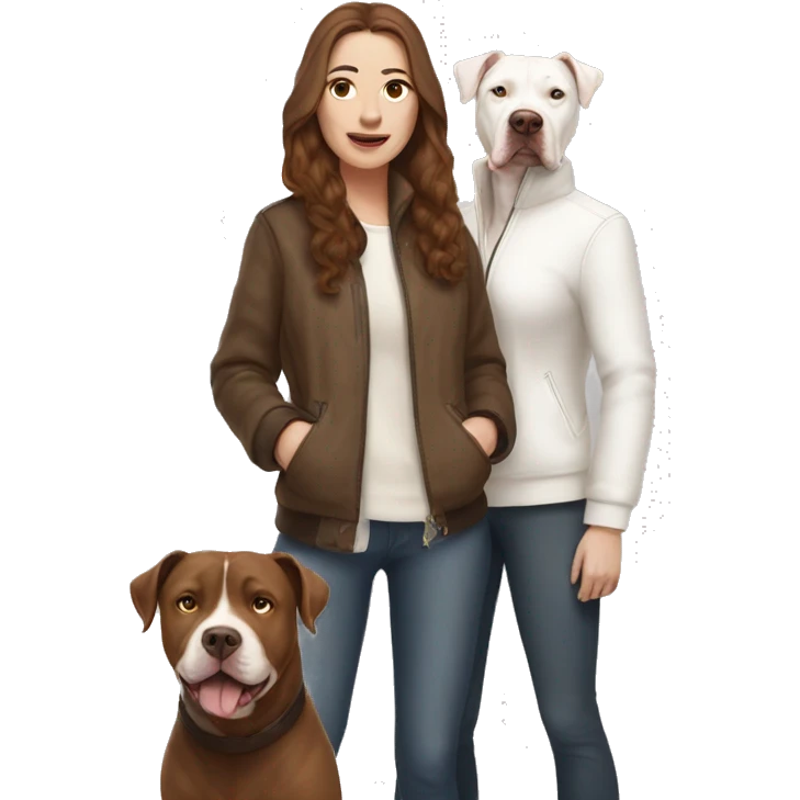 white woman with long brown hair in a furry jacket standing alongside a white pitbull with a brown patch around his eye emoji