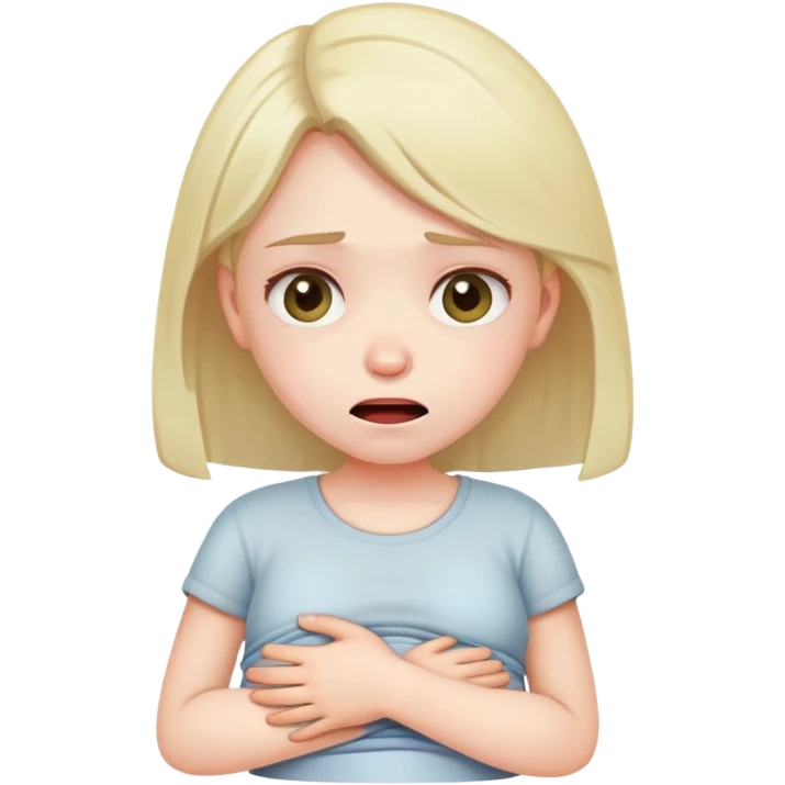 girl with strained facial expression, discomfort, holding stomach, constipation emoji